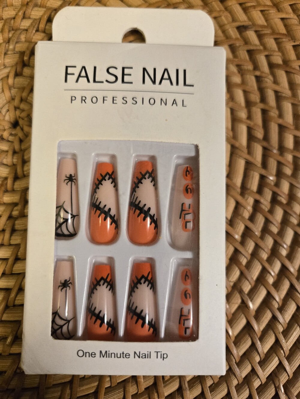 ​Halloween Press-On Nails Long Coffin Spiderweb Stitches Orange Nude